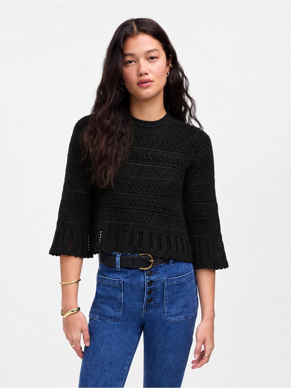 NEW Madewell Scallop Trim Sweater top Black Cotton size XS *332
